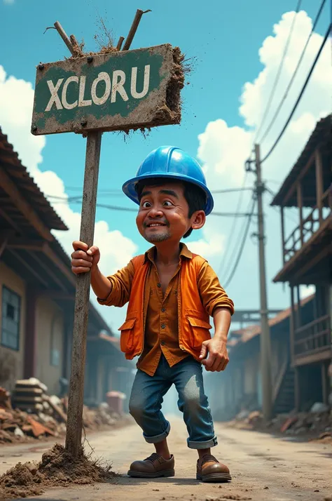  man wearing blue project helmet  ,  shirt shirt of orange color and vest of orange color ,  defaced the sign in the ban by kicking the pole down until it collapsed ,background on the street nickel mine  , 3D , Indonesian caricature  