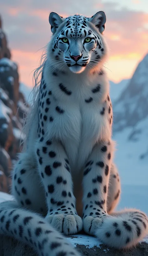 A stunning, cinematic image of a hybrid creature—a fusion of a young woman and a snow leopard—perched elegantly on the same mountain ledge at twilight. The creatures face blends human beauty with feline grace, featuring soft, fur-covered cheeks, piercing g...