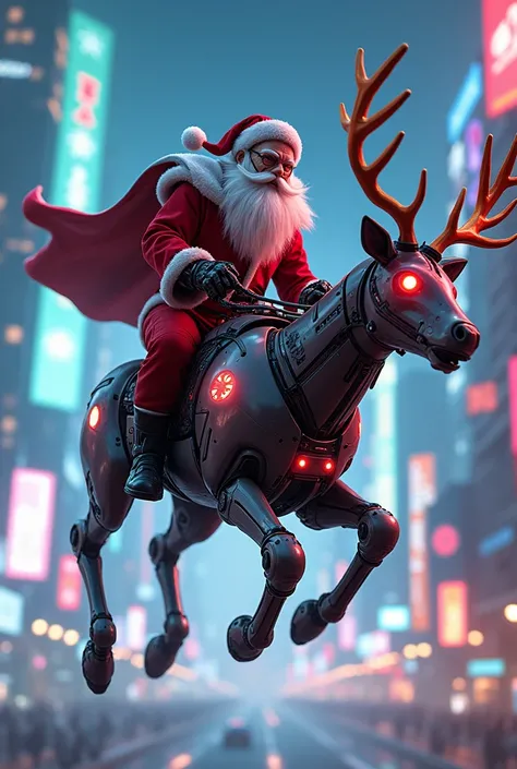 Artificial inteligence santa claus cyborgue riding robotic rudolph, neon, high definition, ultra realistic