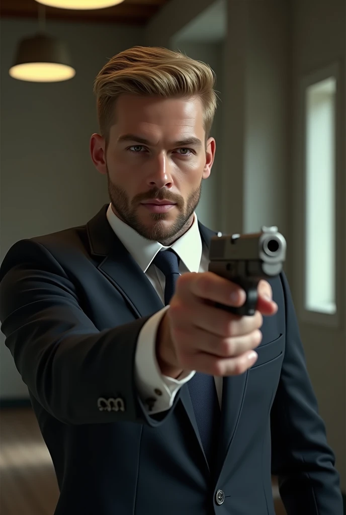 a handsome man, 28 anos years , blonde, barba rala imagine Victor,  high, strong, he wears a suit, elegant,  he has tattoos on his neck and hands, Him with a Glock in his hand,   REALISTIC IMAGE, 

realistic 8k image 