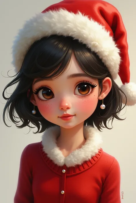 27 year old Disney doll with short dark and blonde hair, tender with dark brown eyes, red sweater and Christmas hat with big eyelashes and freckles on her face 