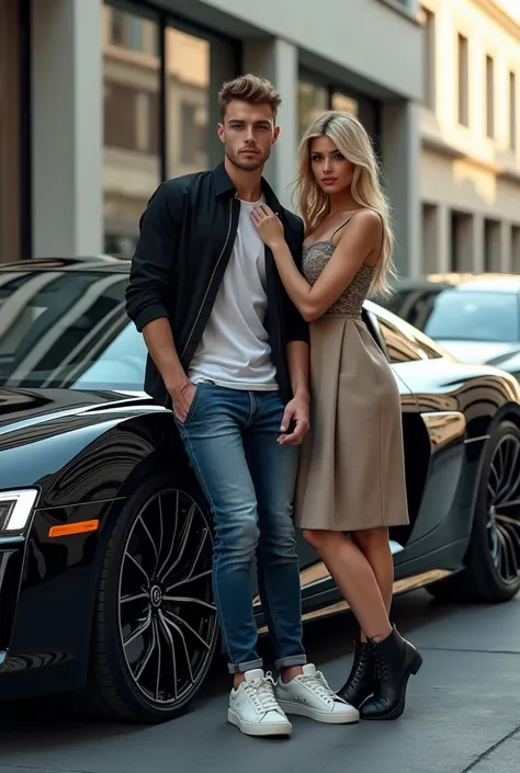 Slim young man leaning on an audi r8 with a blond woman with blue eyes