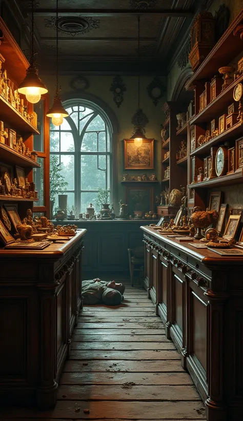  An old and charming antique store in a small town ,  filled with shelves full of valuable objects and curiosities.  The environment is illuminated by soft light ,  with shadows that create a mysterious atmosphere . A body is discreetly visible in the back...