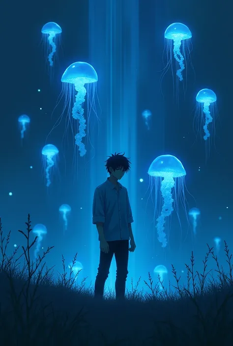 Semirrealistic anime man dark lit field with jellyfish surrounding him, reminiscent of dark fantasy, dark blue lighting 