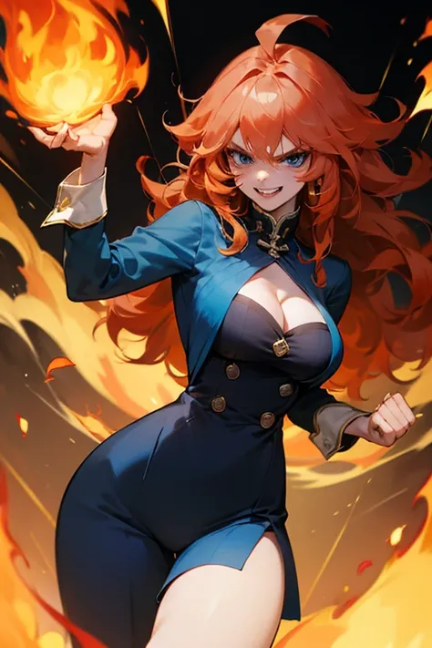 Mereoleona orange hair、、bangs、 winks、long hair,  cowlick at the top of the head 、Big Breasts ,  cleavage 、blue eyes, Thighs、look, get angry ,pants,Anatomically Correct  grin 、she haves fang, Punch on the screen　Flame Punch　 
Punch on you、Her hands are fire...