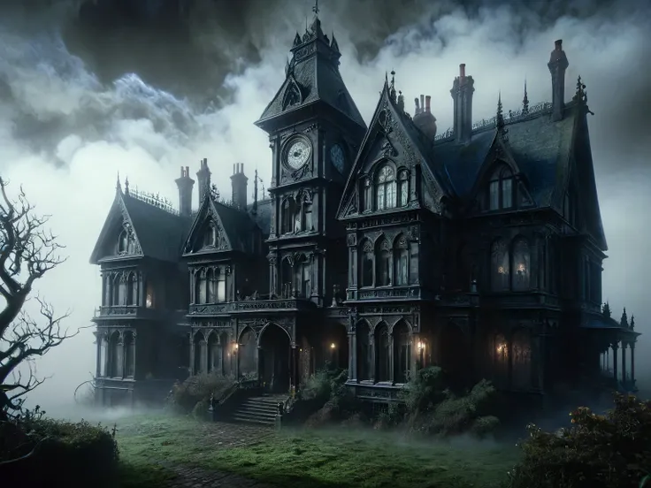 Ais-rcn, an eerie Victorian mansion shrouded in fog, its windows dark and foreboding, hiding secrets of occult practices within its walls, as whispers echo through the abandoned halls cinematic