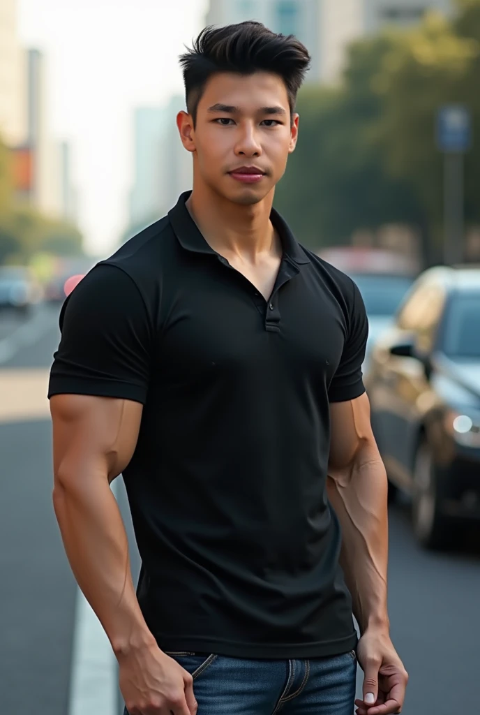 ((realistic daylight)) , Young Korean man in a black polo shirt and jeans, A handsome,, (((Big arm muscles, tight breasts , Muscle Bundle, ))), muscular young Asian man looks at the camera. In a , roadside traffic