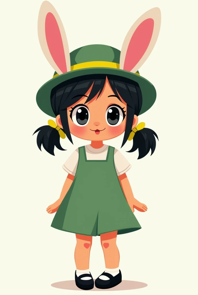 Create a  girl named Louise who has black hair and tan skin. She wears her hair in pigtails with chartreuse yellow hair ties. She wears a hat with pink bunny ears. She wears a green dress and black Mary Jane shoes. She is 4 feet tall (47" including the ear...