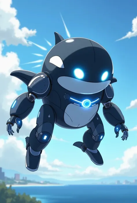 Create a flying orca-themed bipedal robot character that combines the smooth, rounded shape of an orca with futuristic mechanical elements in japanese animation style. This character’s design is based on the iconic features of an orca, such as its sleek an...