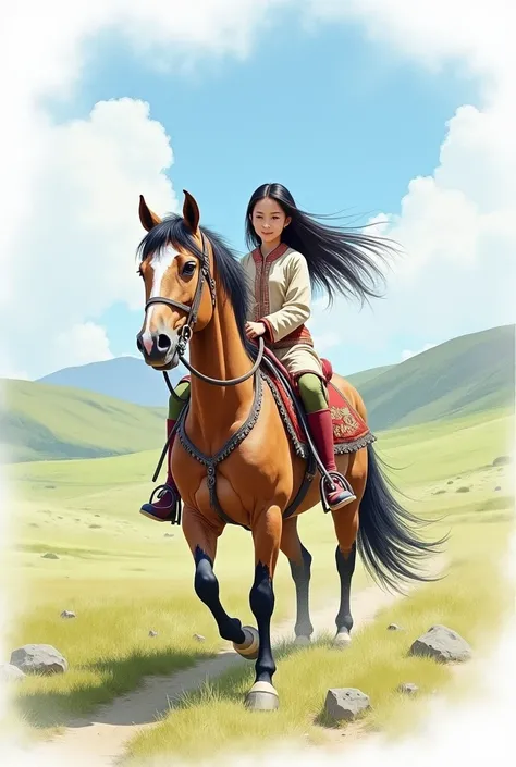 mongolian girl riding horse and nature beauty 
orignal pencil drawing easy