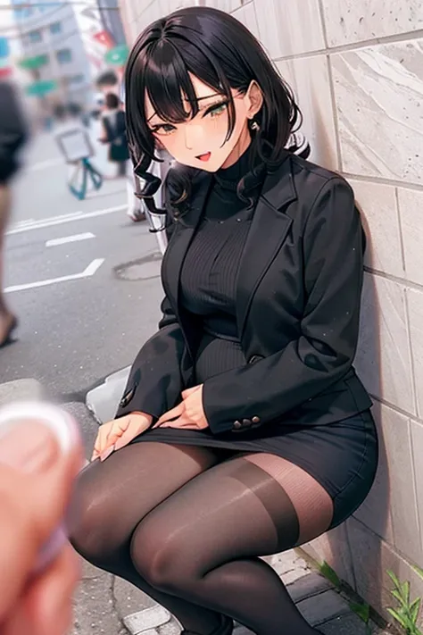 /quality
(masterpiece, are of the best quality, high resolution, high quality, actual )

/hairstyle
(curls)

/clothes
(Pencil Skirt, job interview kit, black jacket, broken pantyhose:1.5,earrings)

/Posture bending,sit
Against the wall,
Legs open:1.5

( bl...