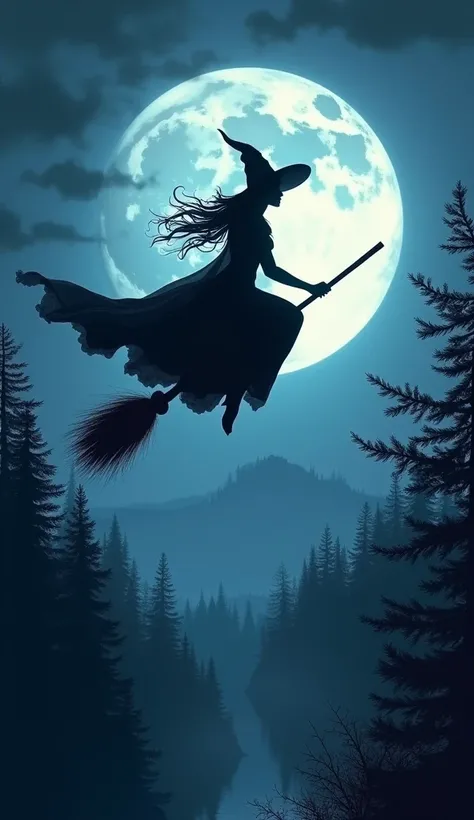  the silhouette of a magnificent witch who flies on her broom in front of a full moon is cut out of her ,  the night is gloomy and in the distance you can see the silhouettes of vast forests over which the witch flies on her way home, a work of art of digi...