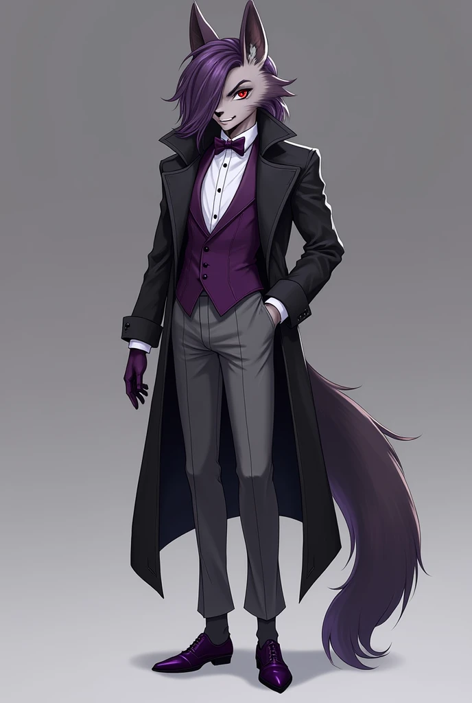 Jerold, Furry hiena,  long purple hair brushed to the side, Ojos rojos,  sinister smile ,  elegant purple tuxedo vest , black trench coat, grey pants, purple shoes, dark purple gloves , Anime style, delgado, arte conceptual,  full body 