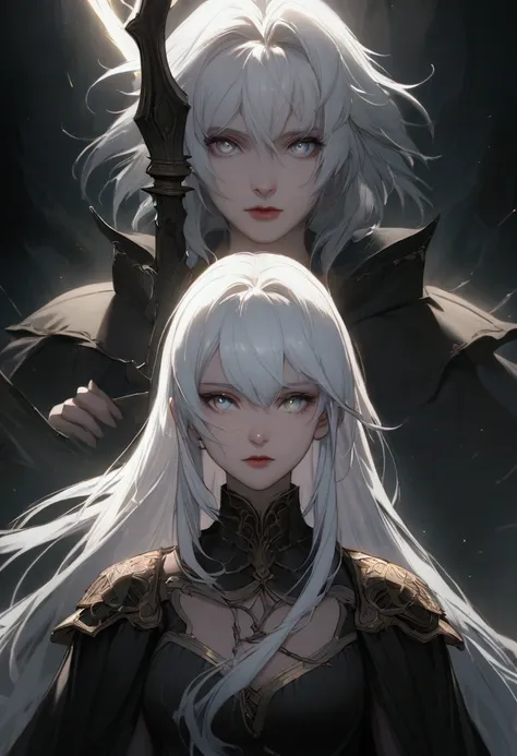 anime girl with a scythe and a sword in a dark room, a character portrait inspired by Li Chevalier, pixiv, fantasy art, white haired deity, portrait of a female mage, she , A girl with white hair and eyes, Controlling lightning and having lightning coming ...