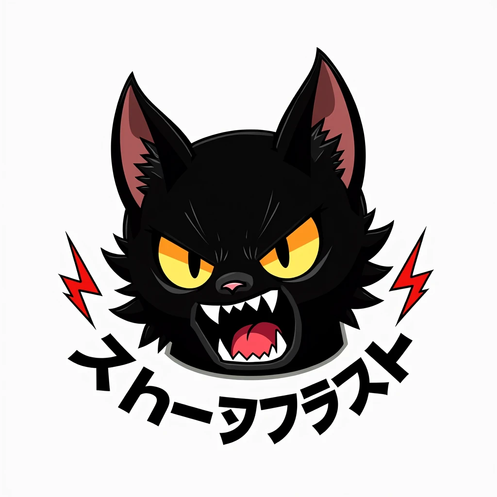 A stylized black cat with a fierce expression. The cats eyes are large and bright yellow, and its mouth is open in a menacing snarl, with pink interior and sharp teeth. Its ears are pointed and upright, and its fur is depicted as solid black.  Electric bol...