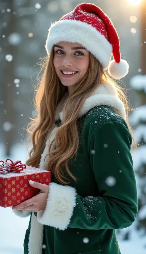 Beautiful young woman, white skin, smiling face, long hair wearing red Santa hat, wearing a frost-proof  green Santa suit,  in snowfall atmosphere. ในมือถือกล่องของขวัญ