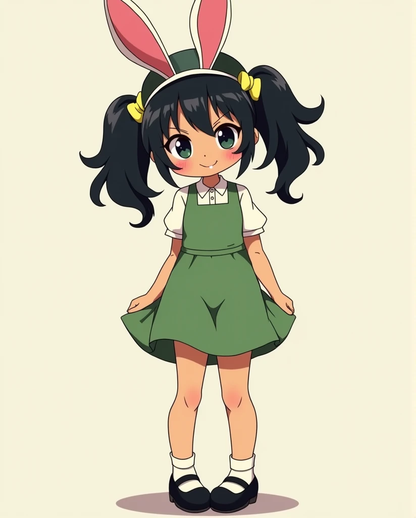 Create a  girl named Louise who has black hair and tan skin. She wears her hair in pigtails with chartreuse yellow hair ties. She wears a hat with pink bunny ears. She wears a green dress and black Mary Jane shoes. with a mocking and slightly sarcastic smi...