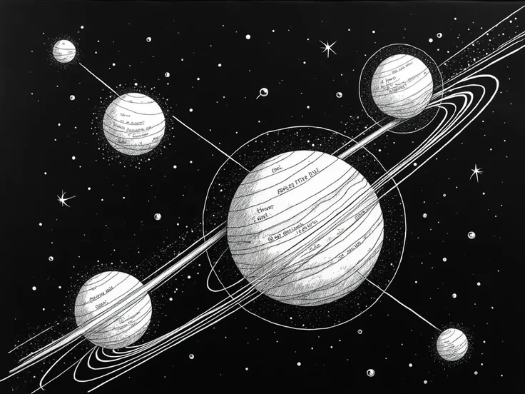 a continuous line drawing of the planets with phrases of love inside that are connected in the sense that they make sense with each other phrases of love, that they are well written and that you can see on each of the planets ,  an abstract drawing by Will...