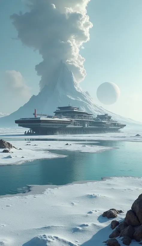 Marine Engineering farm , on saturn, gray blue sky, ice sheet on the sea, methane ocean, cryogenic volcanoes, ice and smoke flowing out of volcano. uranus visible in background sky
