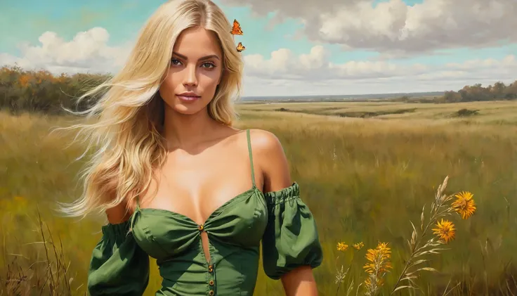 jhenny Andrade, model, blonde, brazilian, upper body, 28 year old, rembrandt, oil painting . landscape,prairie, green lands, grass, wild flowers, autumn, fire butterflies,