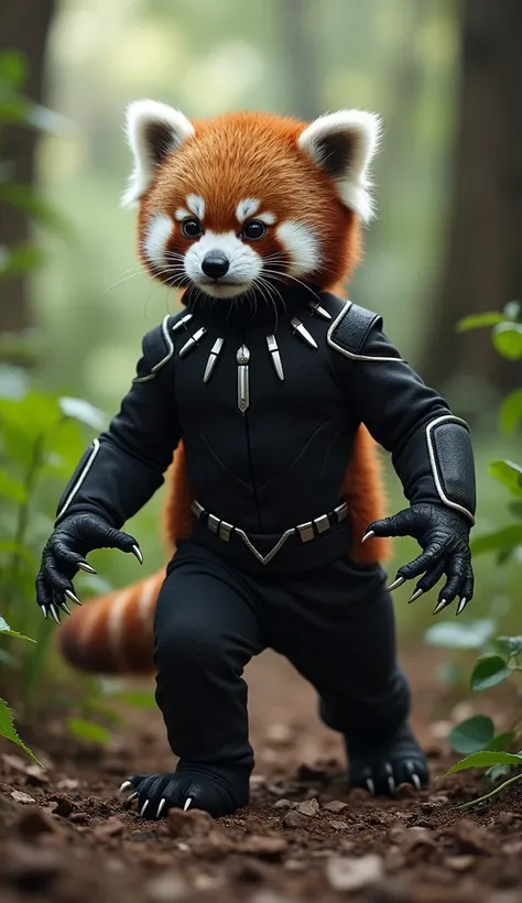 Red panda cub in Black Panther cosplay, wearing a black suit with silver Vibranium-inspired details, including the claws and stylized mask. Pose him in an elegant and agile pose, in a dense jungle setting with ancient ruins and advanced technology scattere...