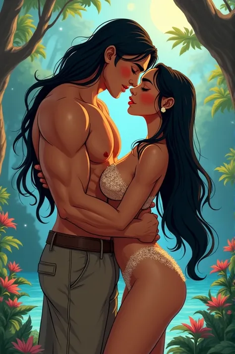 Pocahontas in lingerie with her boyfriend in a cartoon 