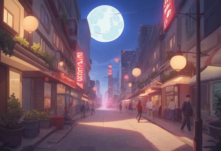   There are Streets with Lampposts and Full Moon Buildings,   digital art  by John Moonan,  Shutterstock,   digital art ,  Streets Moon Scenery , Moon Street,  Background Art work, Busy Streets of the Moon ,  The Moon Is Big 、In the city,  , Wallpapers - 1...