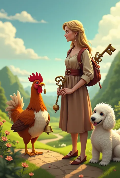 A chicken holding a bell, standing next to a mother, holding a key, JJ, with an oodle next to it, a bell on the back.