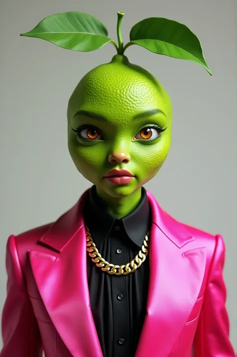 A highly detailed and ultra-realistic image of a humanoid lime character, featuring a textured lime head with vivid green skin and natural pores, complete with two green leaves sprouting from the top as if part of a stem. The character has human-like featu...