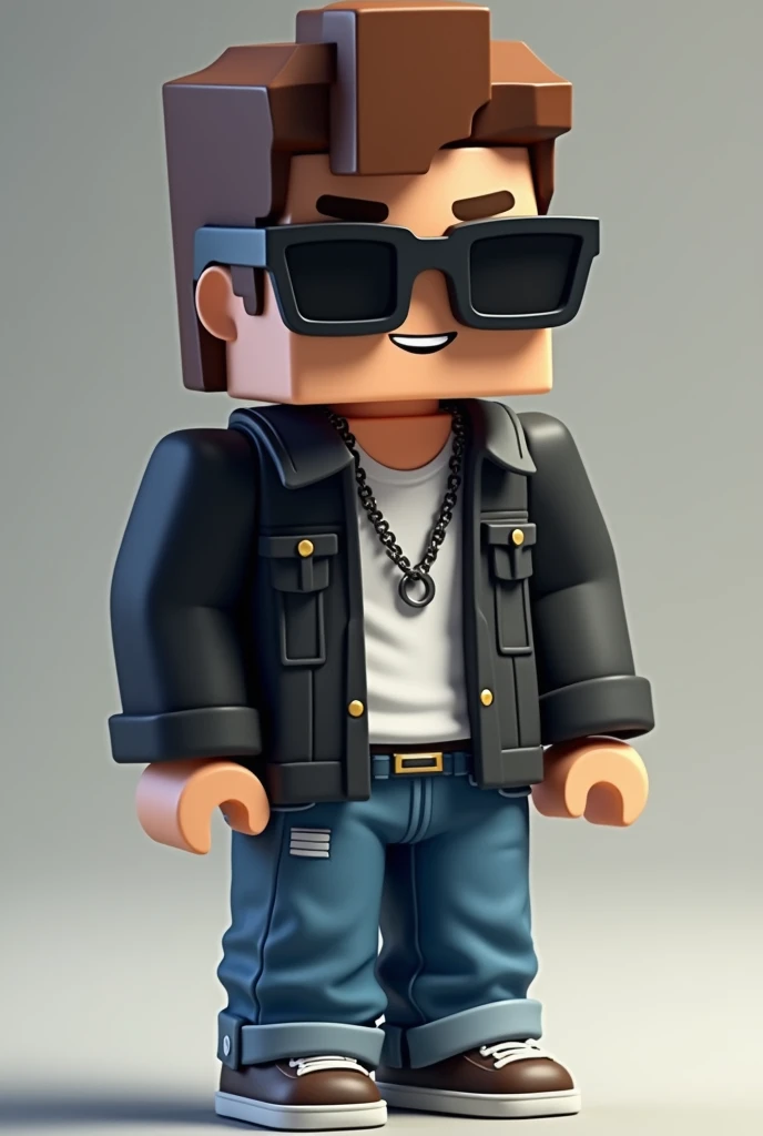 ((PNG photo ))  I need you to make me a Minecraft doll measuring 170 x 343 it has to have jeans, polo blanco, black jacket, dark glasses and a chain around the neck, The image has to be 2D 