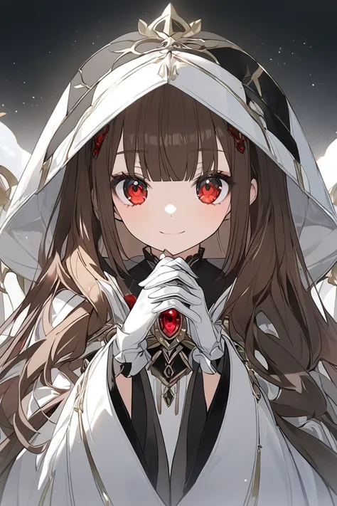 1girl, solo, long_hair, looking_at_viewer, smile, bangs, brown_hair, eyebrows_visible_through_hair, red_eyes, gloves, dress, long_sleeves, original, brown_eyes, hair_between_eyes, jewelry, closed_mouth, upper_body, sidelocks, white_gloves, hood, wide_sleev...