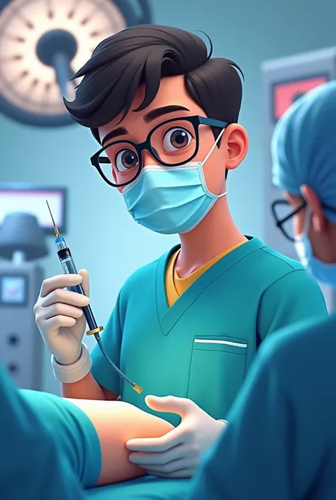 A young male anesthesiologist, with glasses, with very short hair and with a mask on his face and an anesthetic syringe in his hand inside an operating room, in animated