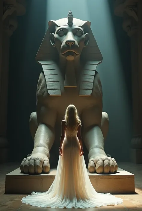 Grand chat sphinx assis dans un temple sombre. Devant lui, debout, une jeune femme blonde le regarde. Ele est vêtue dune longue robe blanche transparente. Un rai de lumière éclaire la scène. La représentation est photo réaliste. 