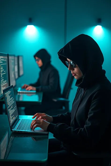 (black gradient background), (two light spotlights, cyan light color), (a woman and a man, professional hackers in a room full of monitors), (a table on the left and a table on the right), (table material glass), (near the two tables, two hacker chairs), (...