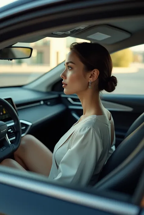 Woman sitting in the front of a car
