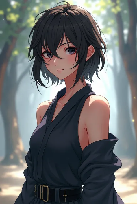  Draw a 16-year-old dragon in her human form,  but retaining some dragon features with short hair,  wavy and dark brown , black eyes and loose-fitting anime-style clothing 