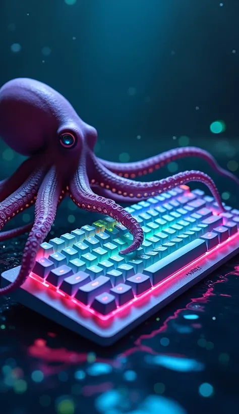 "Create a digital art composition titled Octopus + Keyboard in the scene. The image should feature:

Octopus: On the left side, a highly detailed, realistic octopus with smooth, shiny skin in shades of deep purple and blue. Its tentacles are seamlessly tra...