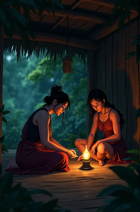 Generate a scene: Isa ( a woman katipunera from the spanish colonial era in the philippines. animated) and Andro (a guy illustrado. animated) are hiding in a secluded hut in the forest. Isa tends to Andro’s wound as the dim lamplight casts shadows, symboli...