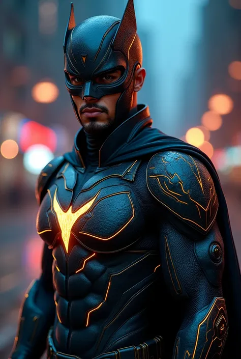 "Create a modern and striking image of a young Indian male under 25 as a masked vigilante superhero. He is fit, handsome, and exudes confidence, dressed in sleek, futuristic armor with intricate Indian cultural motifs subtly woven into the design. His suit...