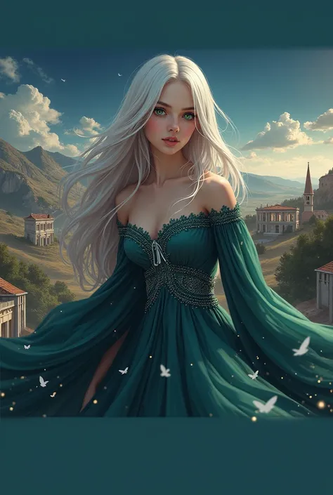 beautiful.  girl with long white hair, Lovely Malachite dress .  girl with long white hair, European view of the stands,  pretty girl ,  beautiful skin , Beautiful Body,  green eyes . Anime style