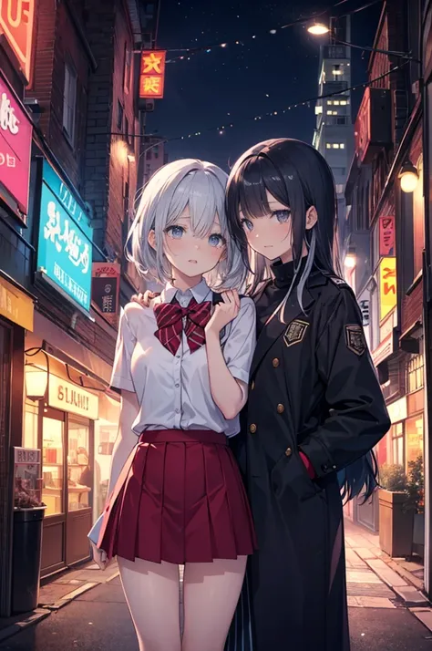 An anime-style scene set in a vibrant nighttime cityscape. Two high school girls are standing in the bustling neon-lit streets. One has silver hair, styled neatly, and wears a school uniform with a modern, elegant design. The other girl has sleek black hai...