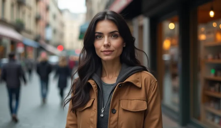 Ultra-realistic dark-haired 39-year-old woman in front of a store on an uncrowded street 