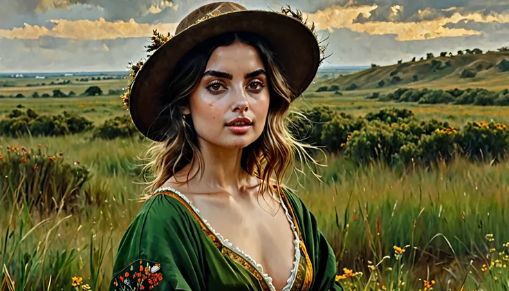 Ana De Armas, model, upper body, 28 year old, rembrandt, oil painting . landscape,prairie, green lands, grass, wild flowers, autumn, fire butterflies,