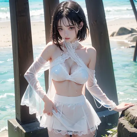 （ realistic 、 realistic ：1.37），（8k,raw, top quality，Harvest a masterpiece of ：1.2）， super high resolution、Wet nudes､No underwear､ clevis on a stone,(((Naked､Very transparent､Wet pure white lace oversized flatline short length without shoulder straps､Protru...