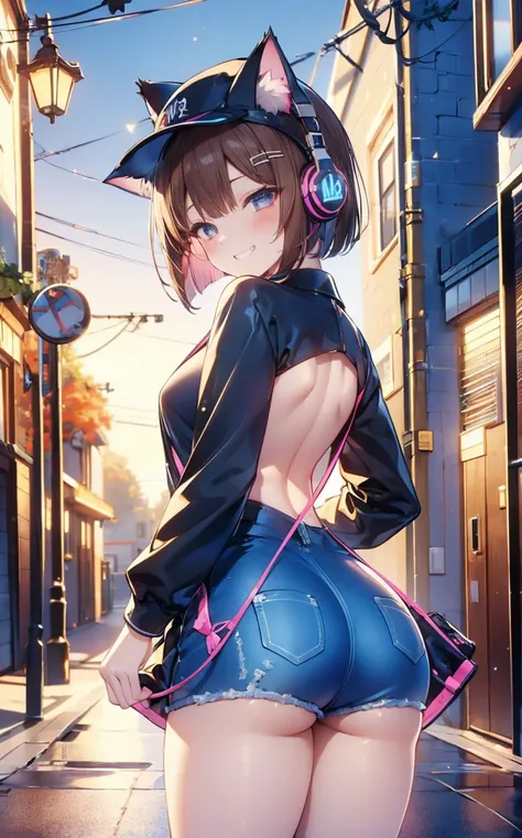 Cat ears, brown hair short bob,hat, headphones, street fashion ,Urban area,Back Alley, high definition , masterpiece,  anatomically correct,  top quality,  high detail,  high image quality model ,  very detailed ,  Ultra High Definition,  textured skin,  a...