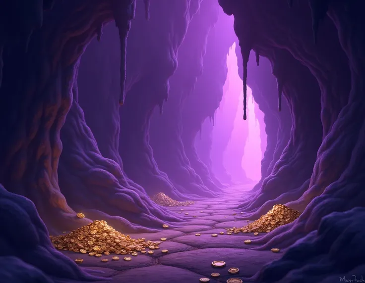 caves with purple mist, 2d, stylized, scattered coins on ground