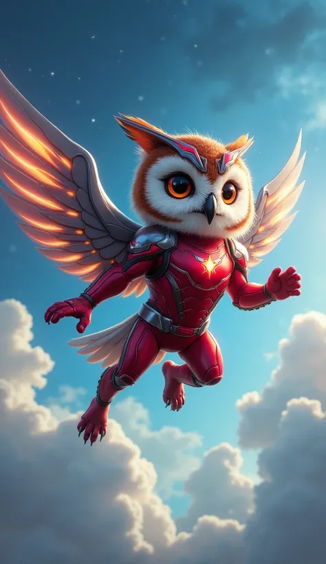 Draw a cute owl cosplaying as Falcon, with a red and silver costume and metallic, high-tech wings that glow softly. Place him in a dynamic pose in mid-air, as if he were in mid-flight, with a blue sky and clouds in the background. A night sky with stars sh...