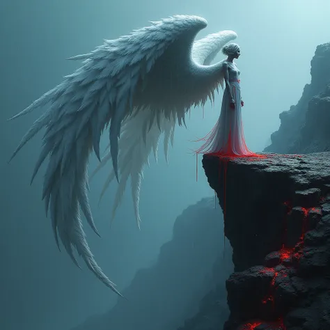 black and white and blue and red,(best quality, ultra-detailed, high resolution, extremely detailed cg),wide shot,dead angels stand on cliff edge,she is very beautiful,she like blood and sea,bloody rain, mystical,fanatic, intricate, surreal,delicate punk b...