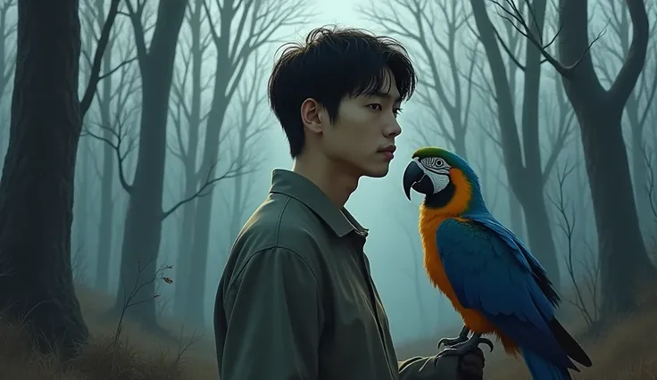 sad korean man with a  2 blue gold macaw bird waiting for his girlfriends to return in an empty forest 