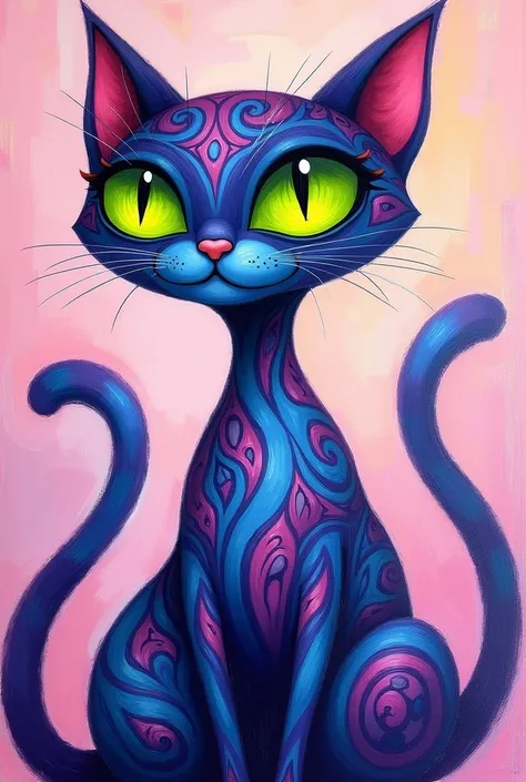 "Create an abstract expressionist masterpiece of a cat. The feline should have exaggerated, fluid features with large, luminous green eyes that dominate the composition. Incorporate intricate patterns of swirling deep purples and rich blues throughout the ...